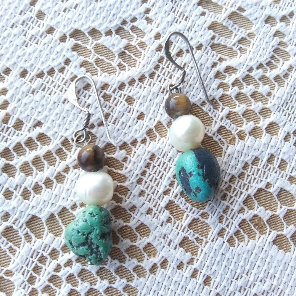 Vintage Earrings: Turquoise, pearl, tigers eye